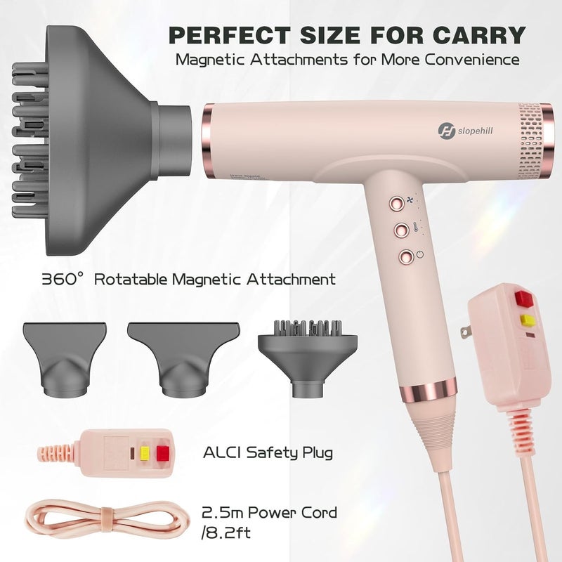 SLOPEHILL Professional Ionic Hair Dryer, High-Speed Blow Dryer with Brushless Motor for Salon Use, Lightweight Compact Hairdryer for Travel, Low Noise Quiet for Home, Ceramic Pink - Image 4